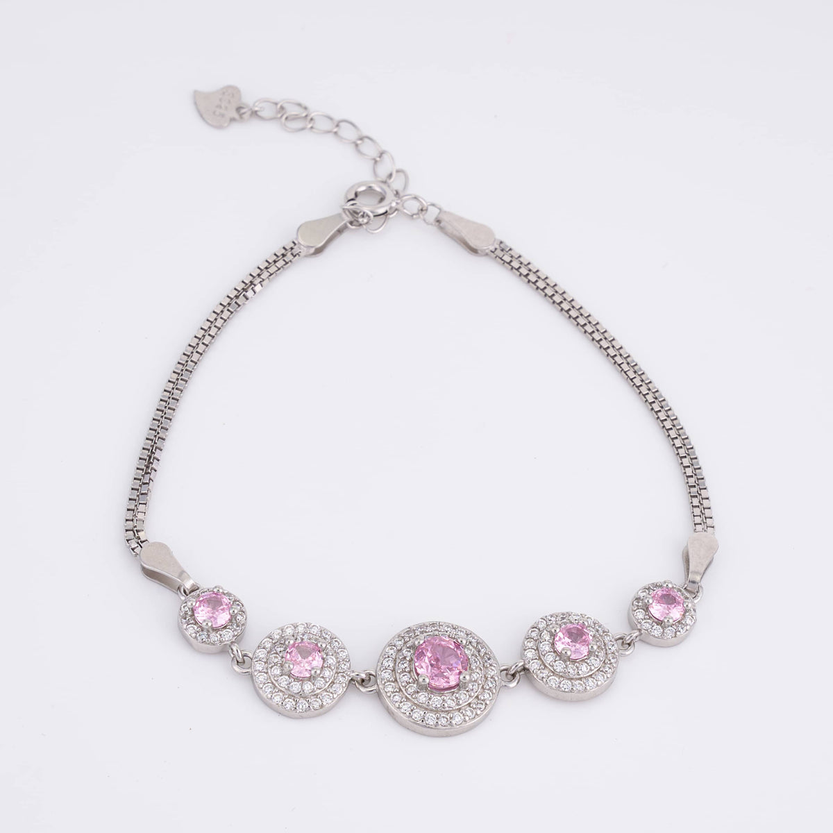 Silver Pink Round Stone Bracelet