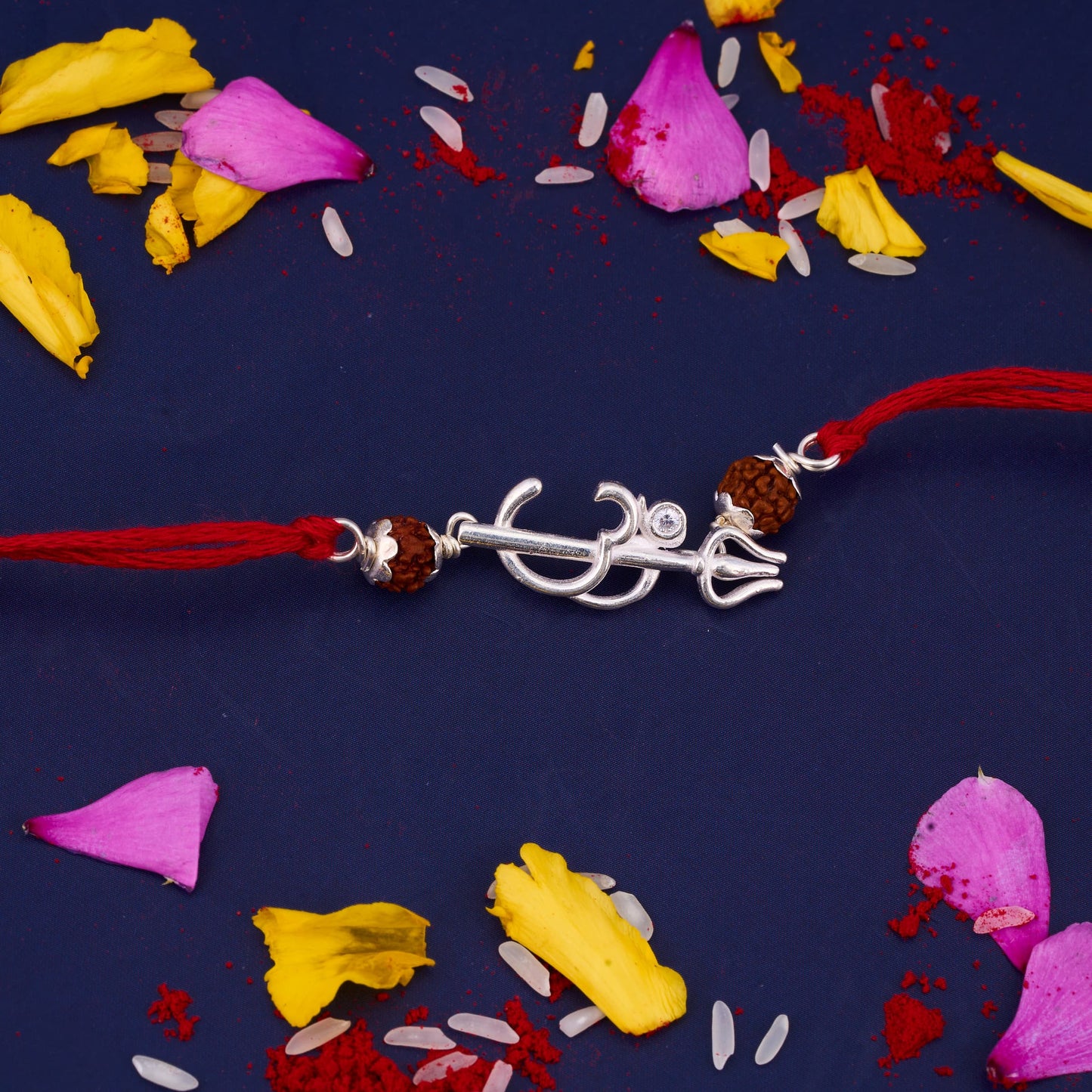 Silver Om Trishul Single Diamond Rakhi with Two Rudraksh