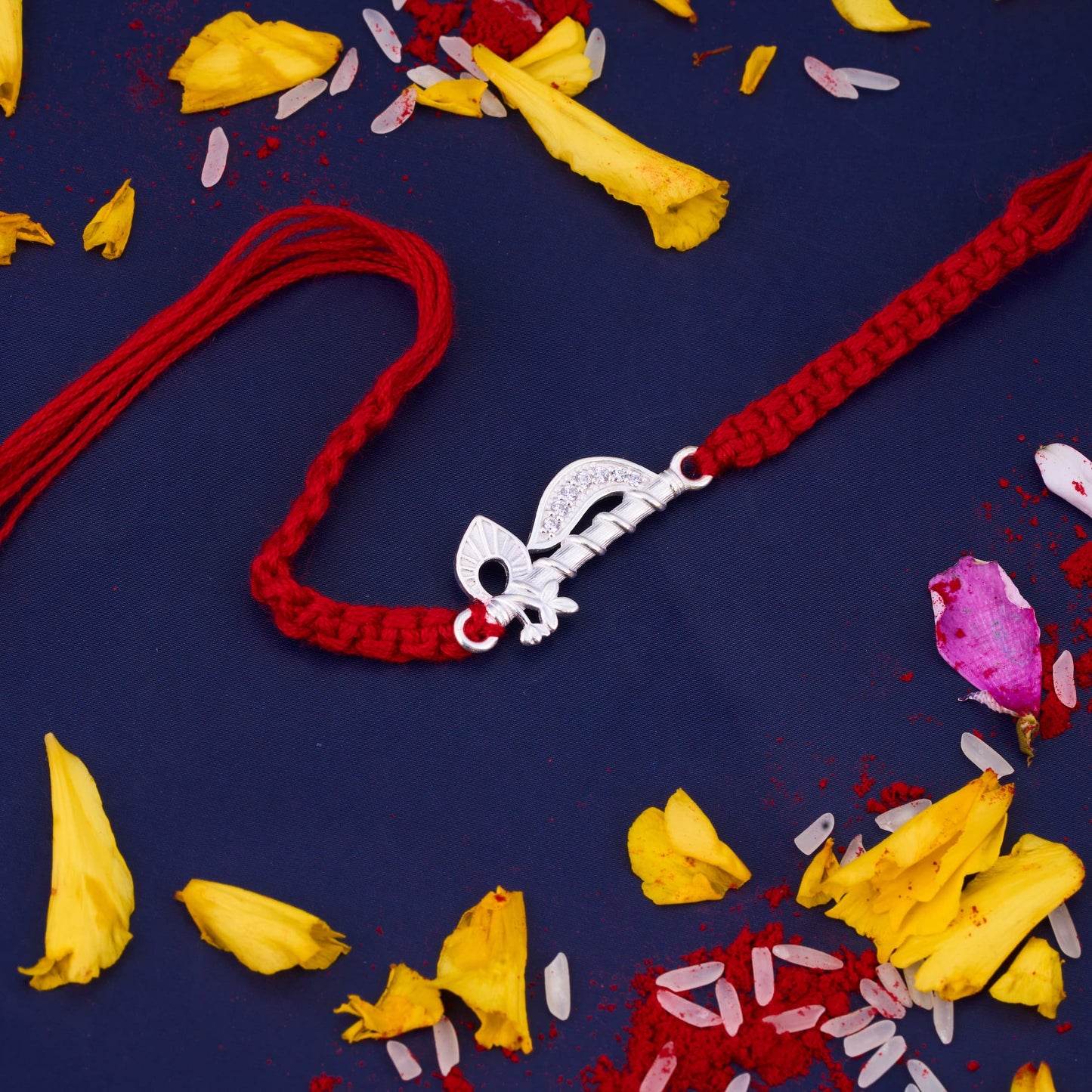 Silver Krishna Flute Diamond Rakhi
