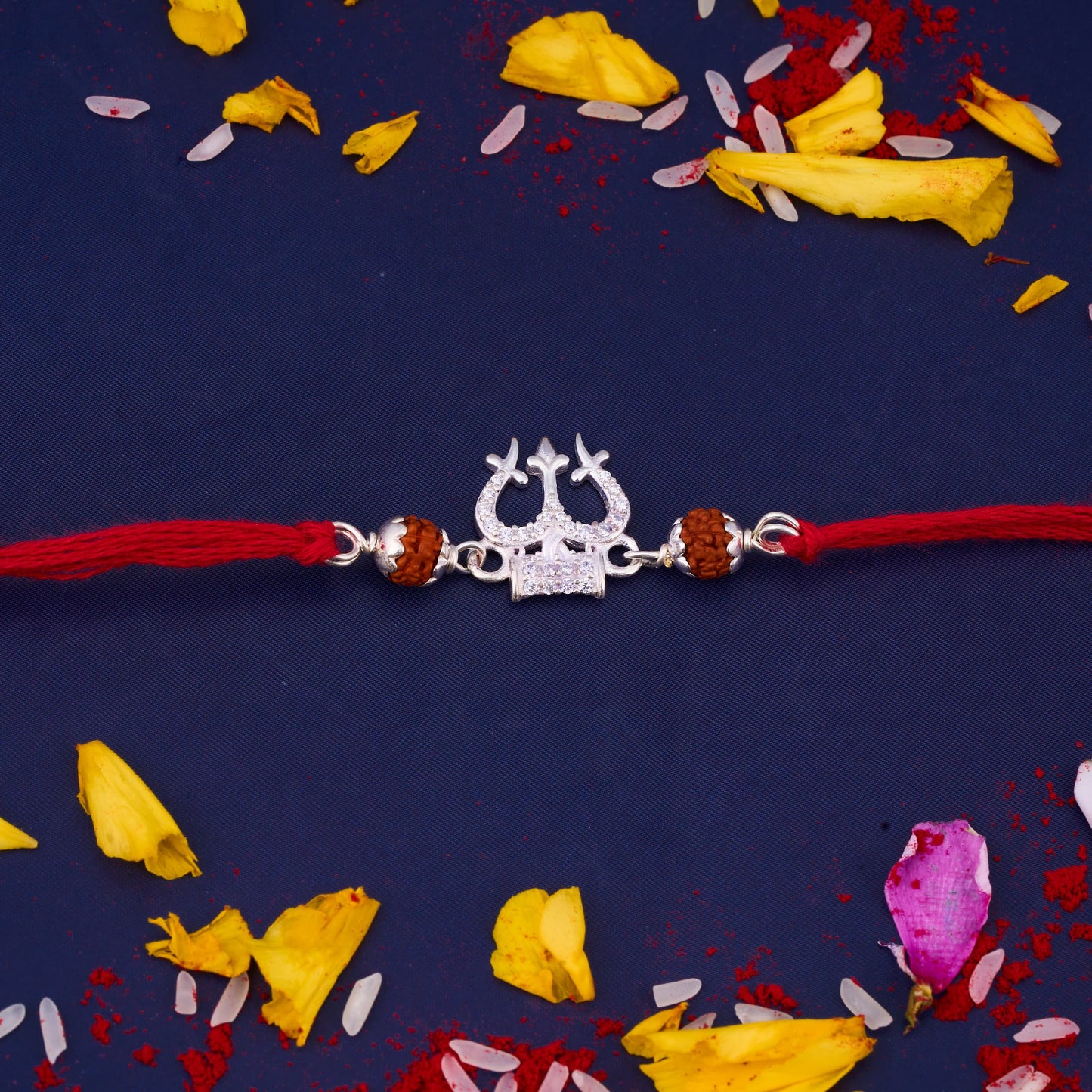 Silver Trishul Mahadev Diamond Rakhi with two Rudraksh Beads
