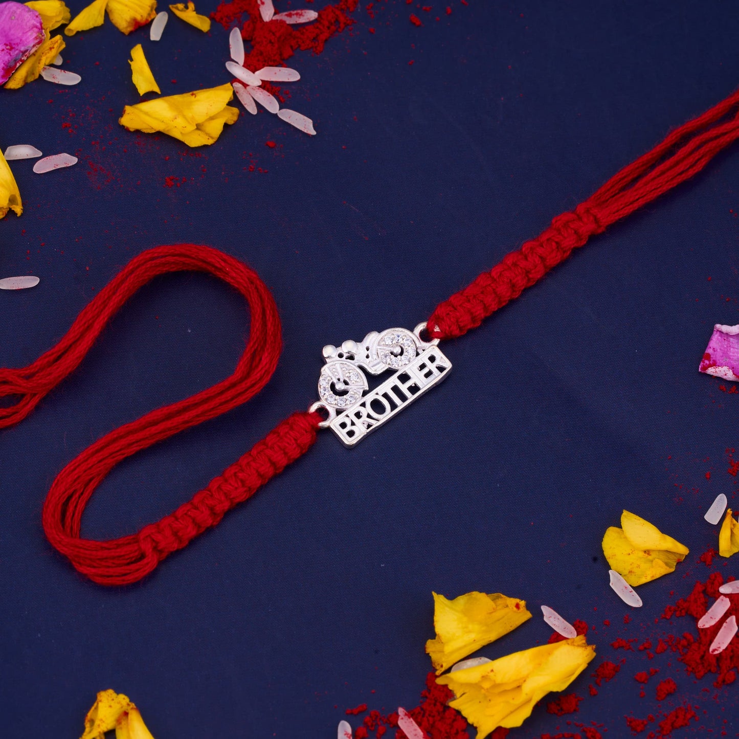 Silver Brother written Diamond Rakhi with Bike Design