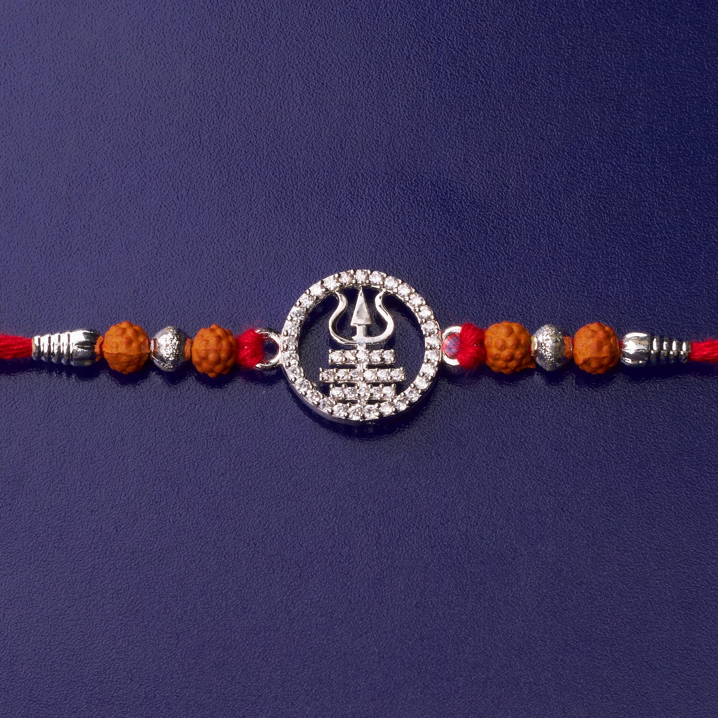 925 Silver Trishul Mahadev Diamond Rakhi with Rudraksh