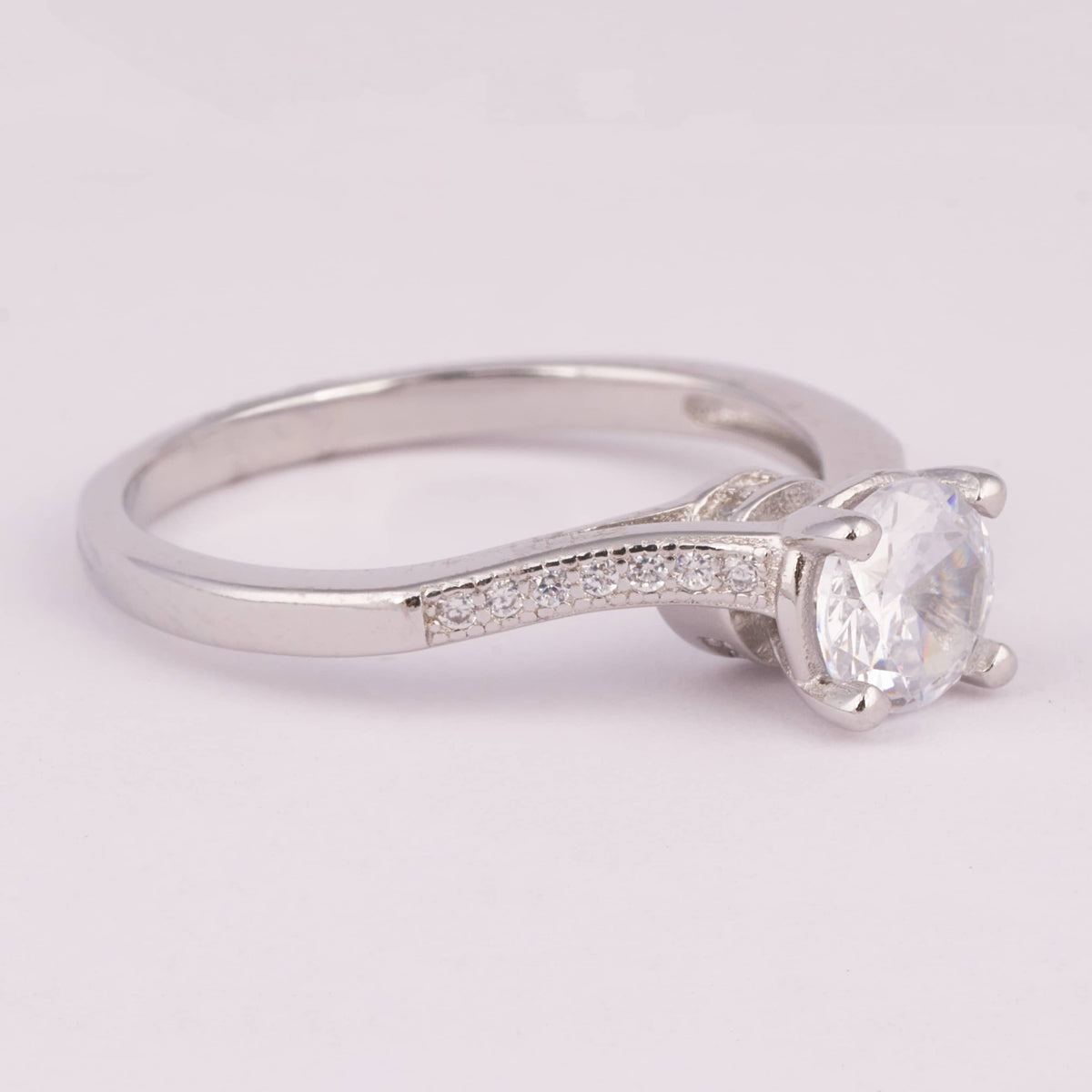 Silver Solitaire Engagement Ring with Pave Accents