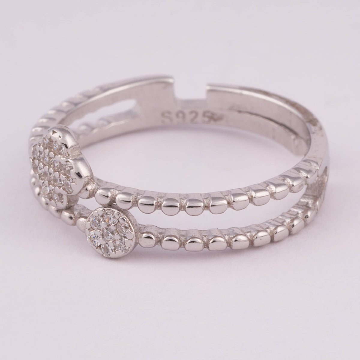Double Band Silver Ring with Pave Flower Motifs