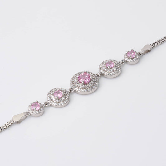 Silver Pink Round Stone Bracelet