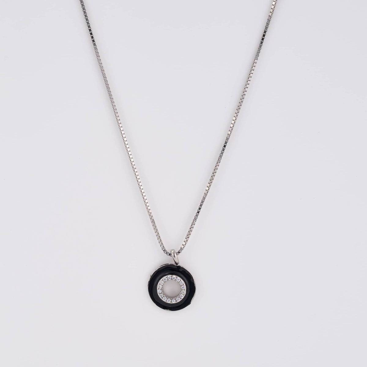 925 Sterling Silver Black Round Pendant Necklace