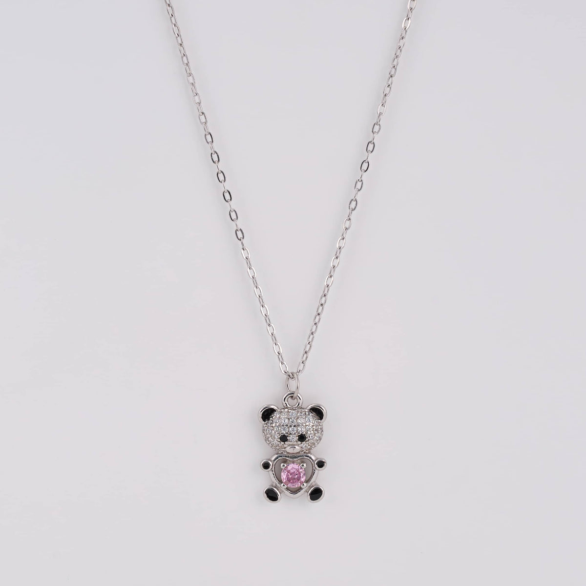 925 Sterling Silver Pink Heart Teddy Bear Necklace