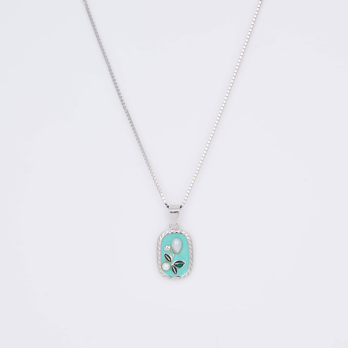 925 Silver Rectangular Necklace with Blue Floral Pearl Pendant