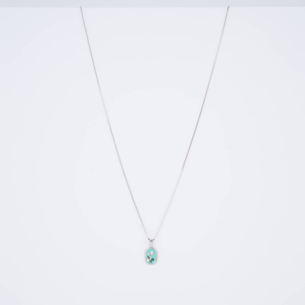 925 Silver Rectangular Necklace with Blue Floral Pearl Pendant