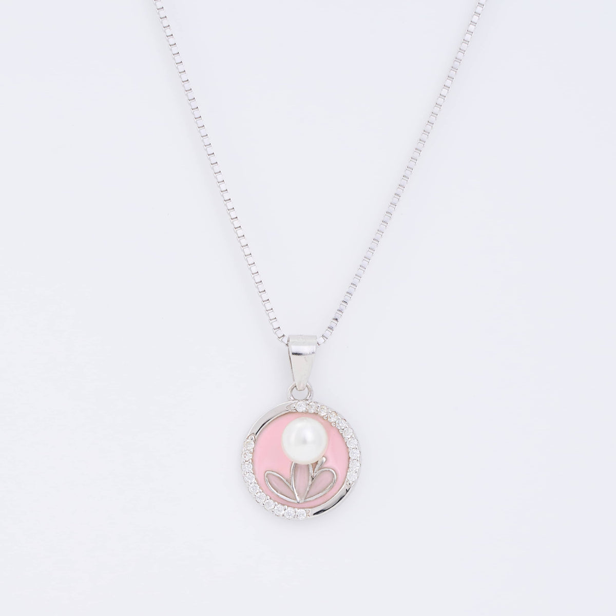 925 Silver Round Necklace with Pink Floral & Pearl Pendant