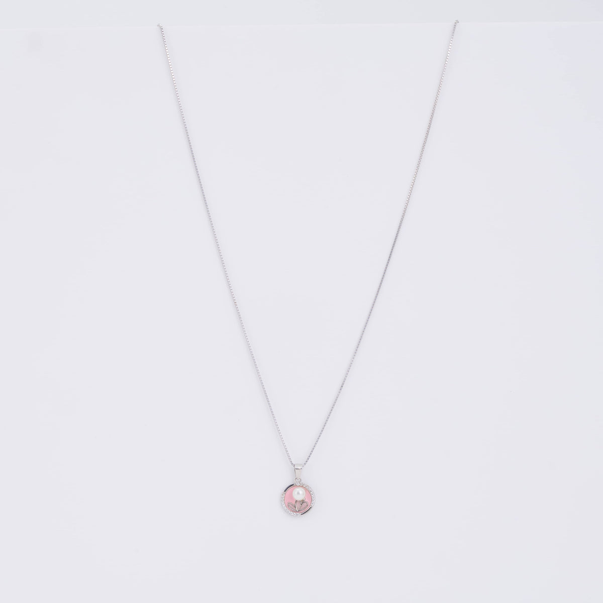 925 Silver Round Necklace with Pink Floral & Pearl Pendant