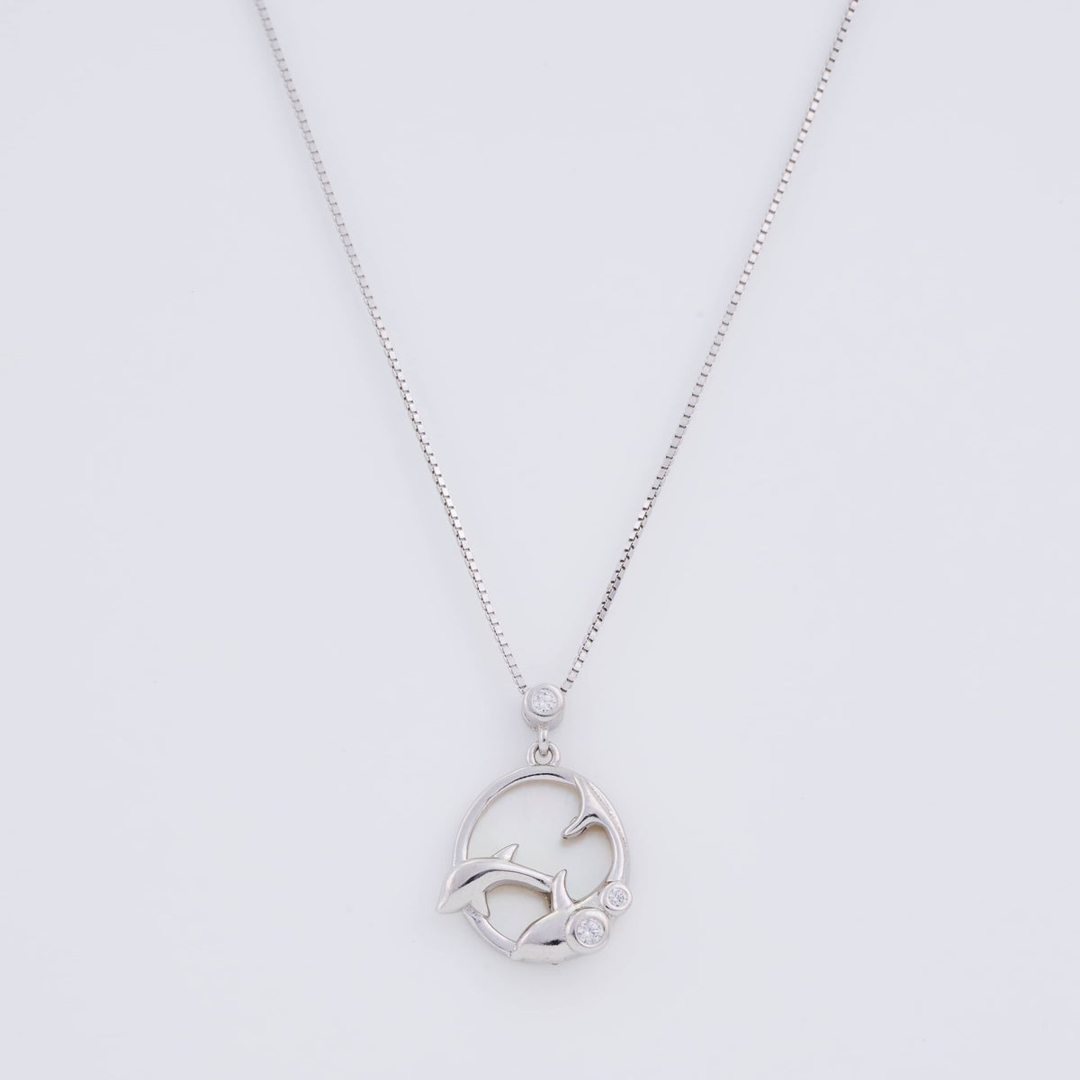925 Silver Open Circle Necklace with Dolphin and Diamond Pendant