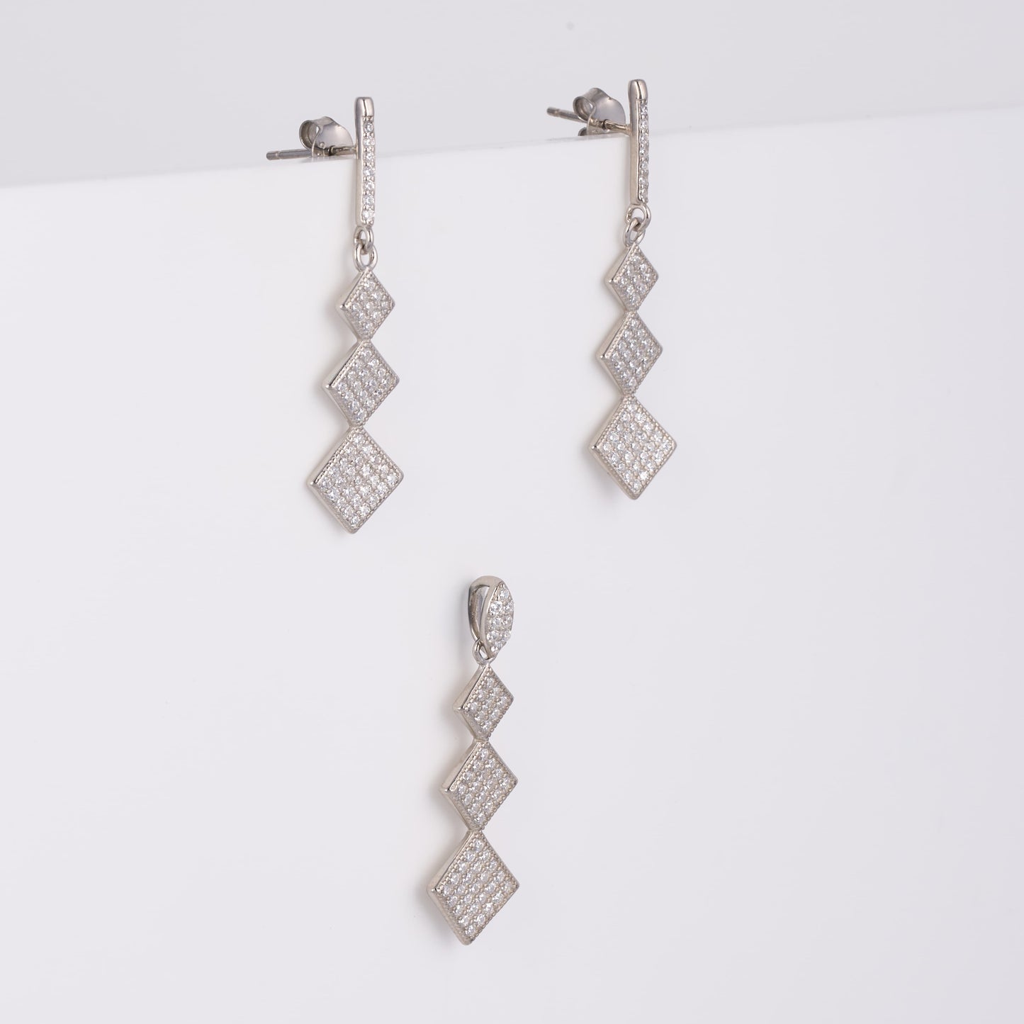 925 Silver Party wear Diamond Pendant Set with earrings