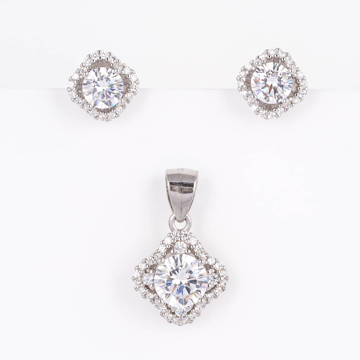 925 Sterling Silver Cushion Halo Zircon Pendant Set with Earrings