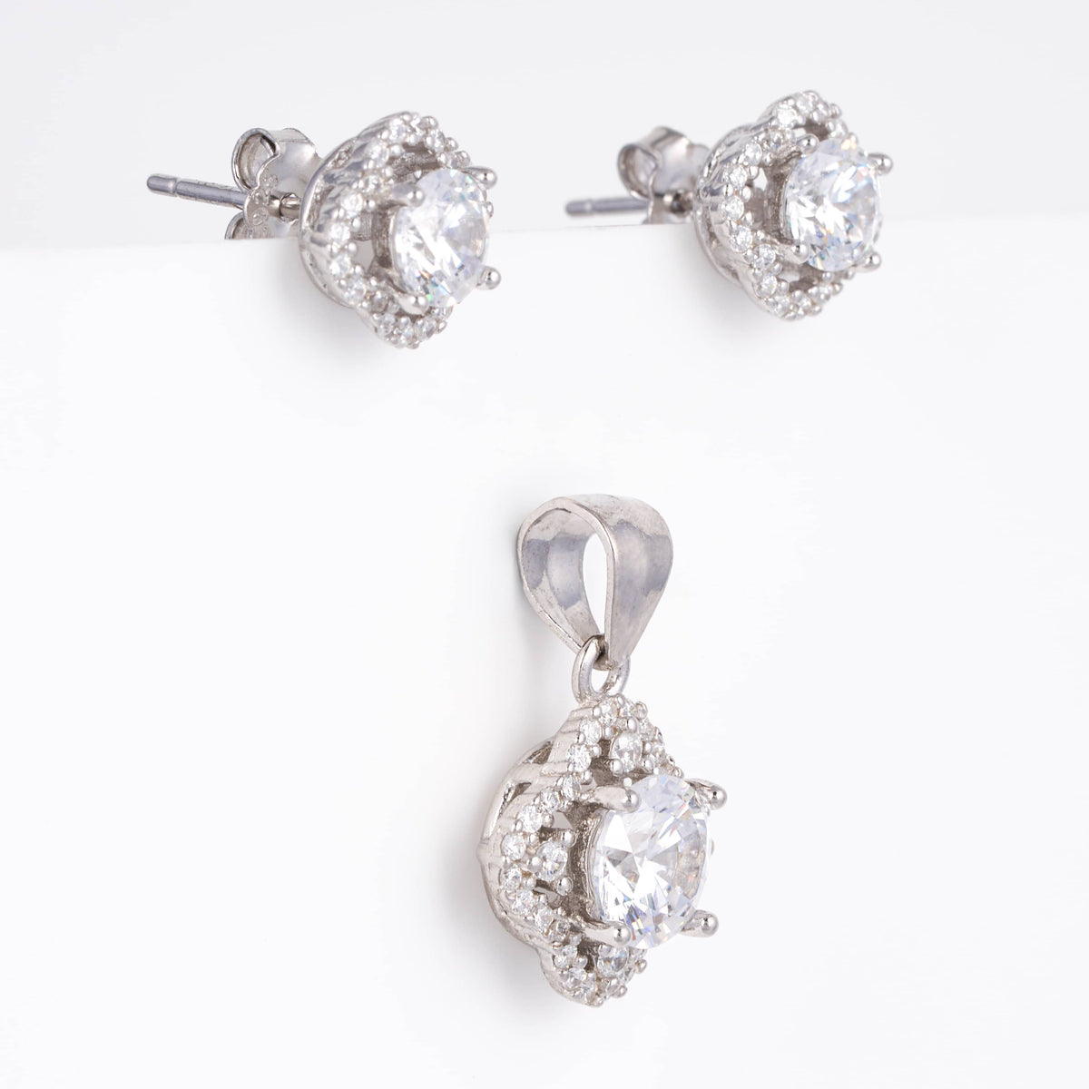 925 Sterling Silver Cushion Halo Zircon Pendant Set with Earrings