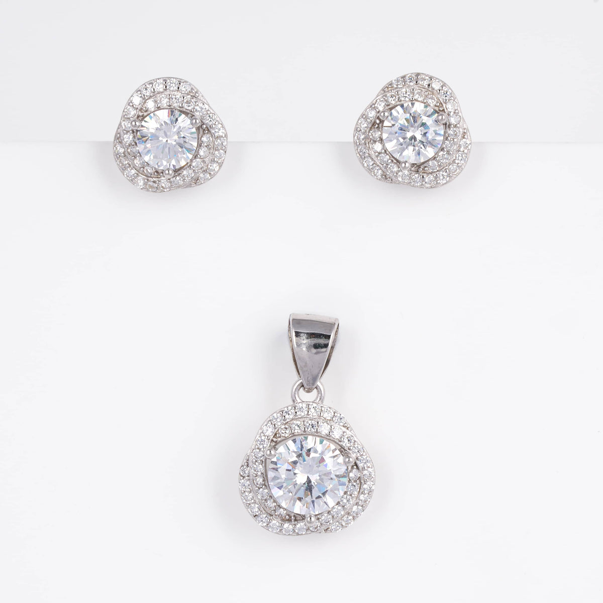 925 Sterling Silver Twisted Halo CZ Pendant Set with Earrings