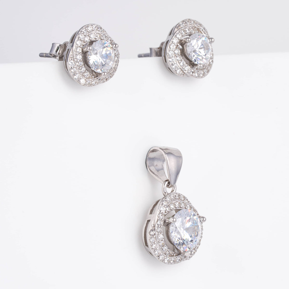925 Sterling Silver Twisted Halo CZ Pendant Set with Earrings