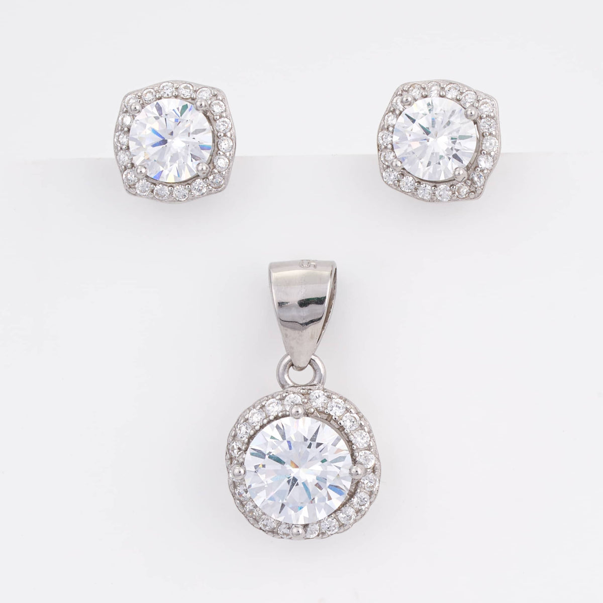 925 Sterling Silver Round Solitaire Halo Pendant Set with Stud Earrings