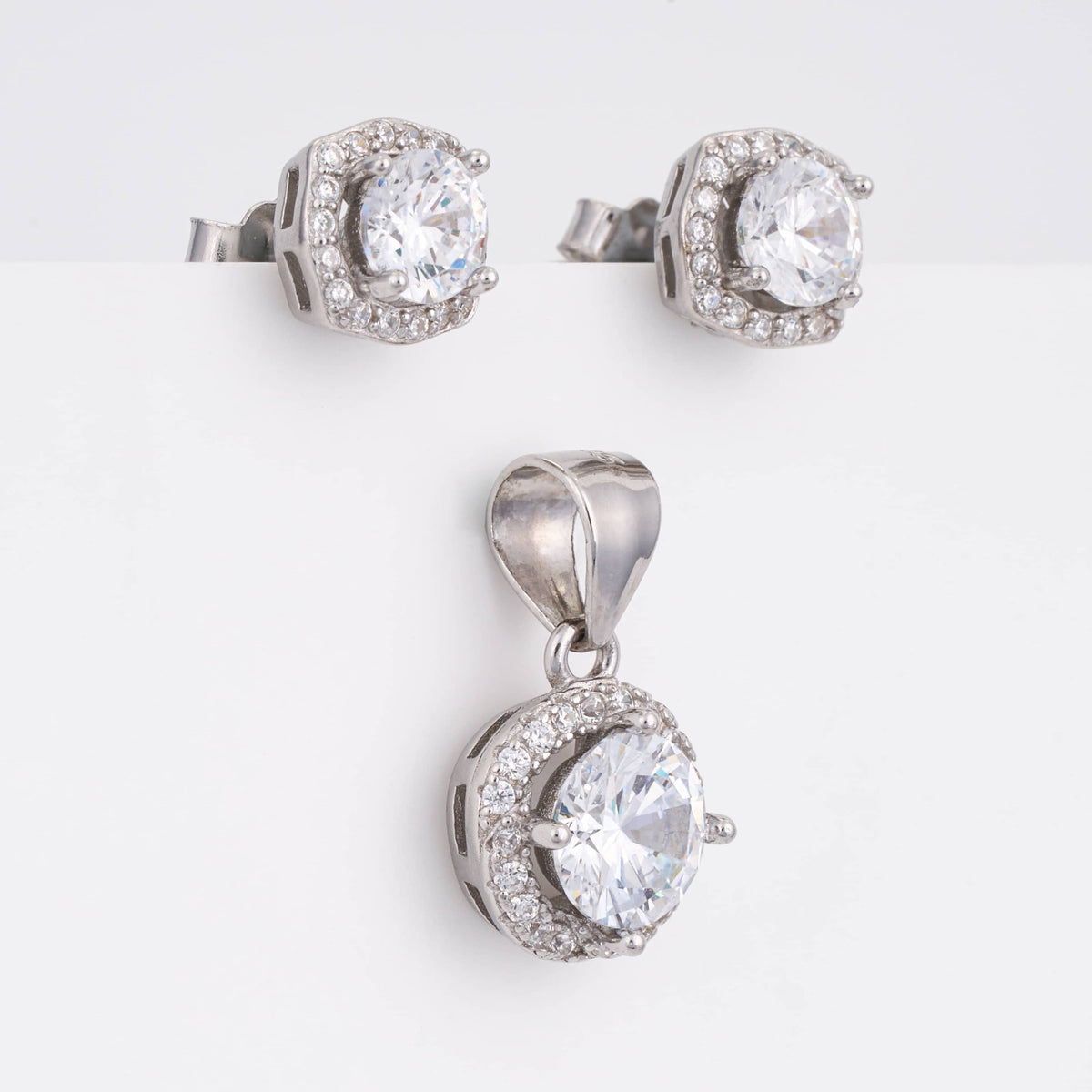 925 Sterling Silver Round Solitaire Halo Pendant Set with Stud Earrings