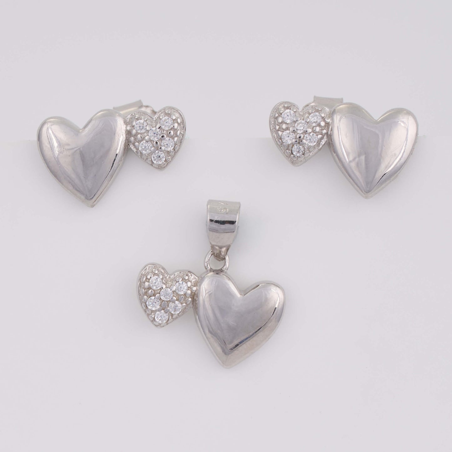 925 Silver Heart Shape Diamond Pendant Set with earrings