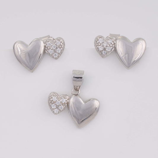 925 Silver Heart Shape Diamond Pendant Set with earrings