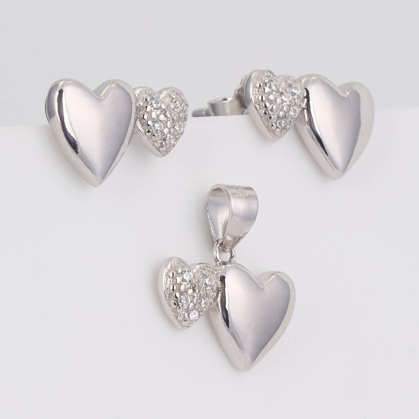 925 Silver Heart Shape Diamond Pendant Set with earrings