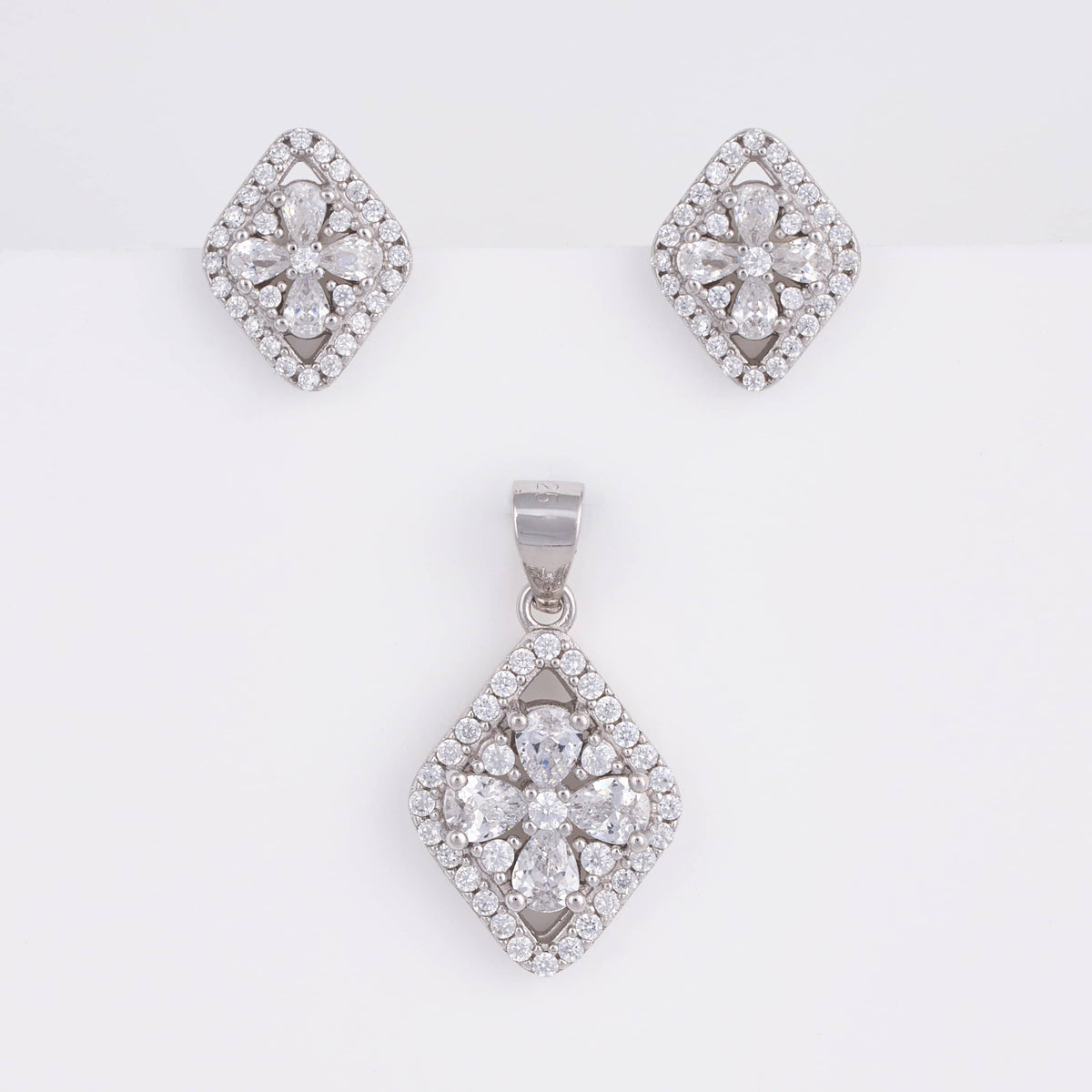 925 Sterling Silver Diamond Shape Flower CZ Pendant Set with Earrings