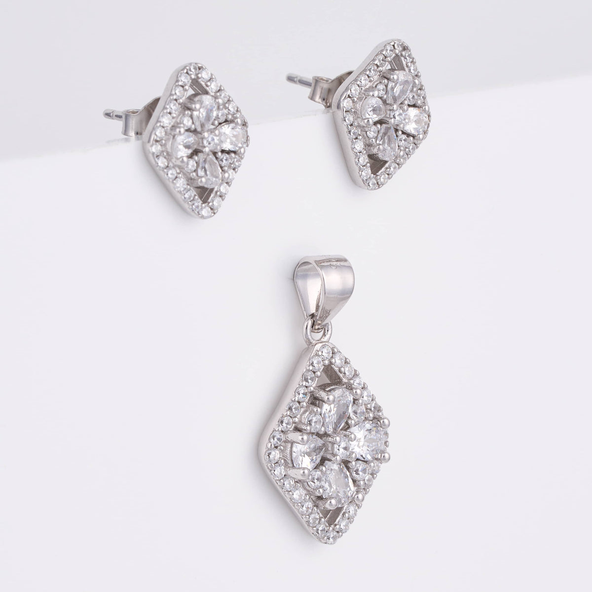 925 Sterling Silver Diamond Shape Flower CZ Pendant Set with Earrings
