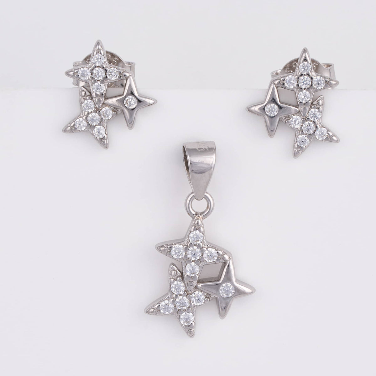 925 Sterling Silver Triple Star CZ Pendant Set with Stud Earrings
