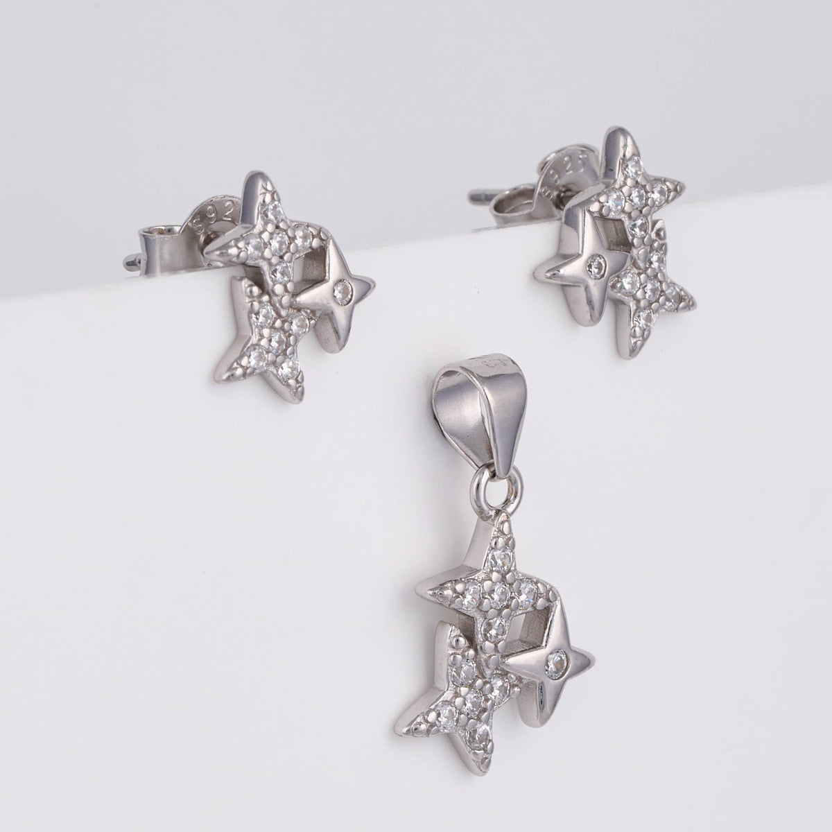 925 Sterling Silver Triple Star CZ Pendant Set with Stud Earrings