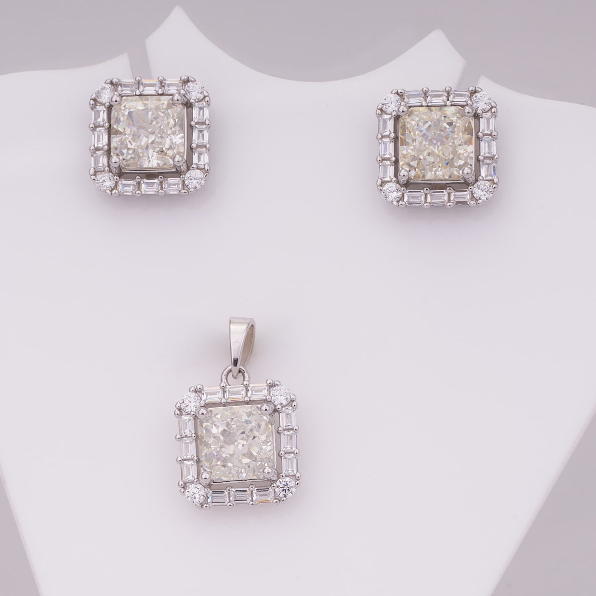 Square Halo Silver Pendant Set with Earrings