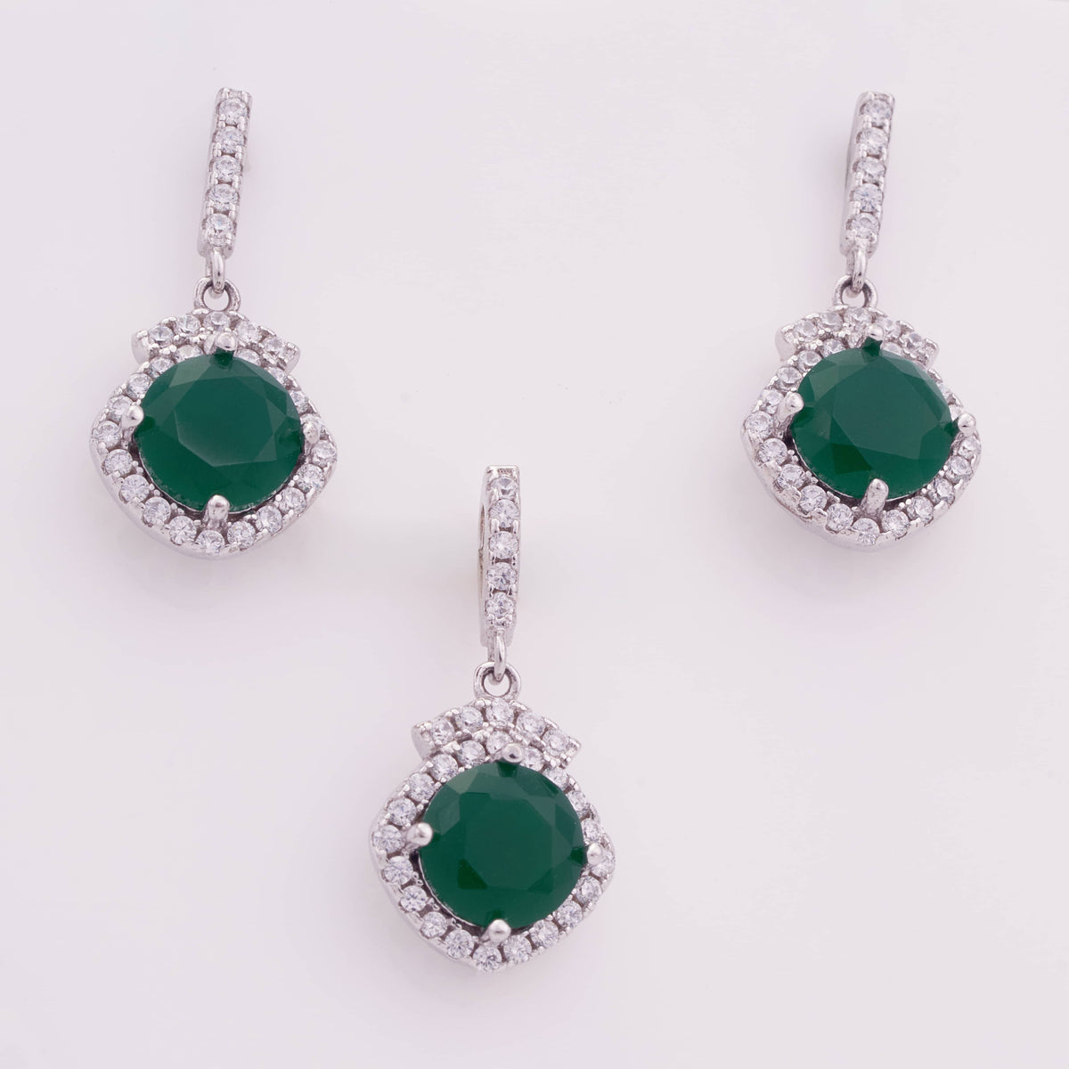 Silver Green Onyx Pendant Set with Earrings