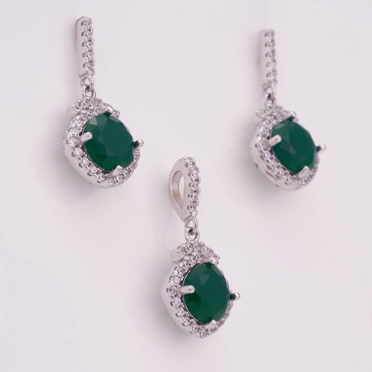 Silver Green Onyx Pendant Set with Earrings
