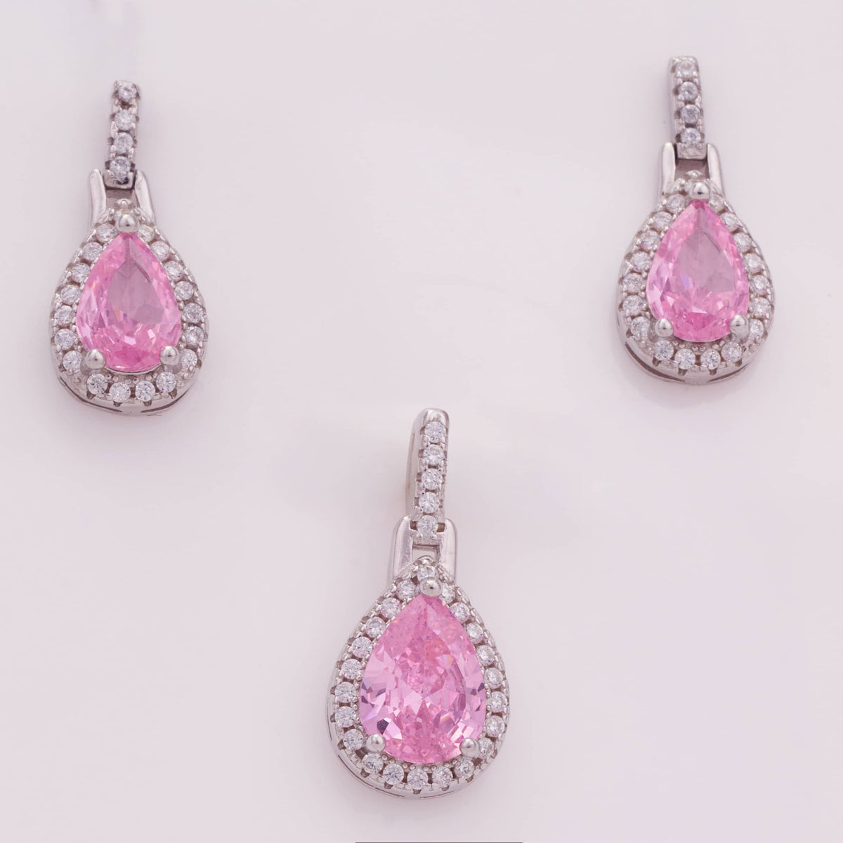 Pink Pear Drop Silver Pendant Set for Women