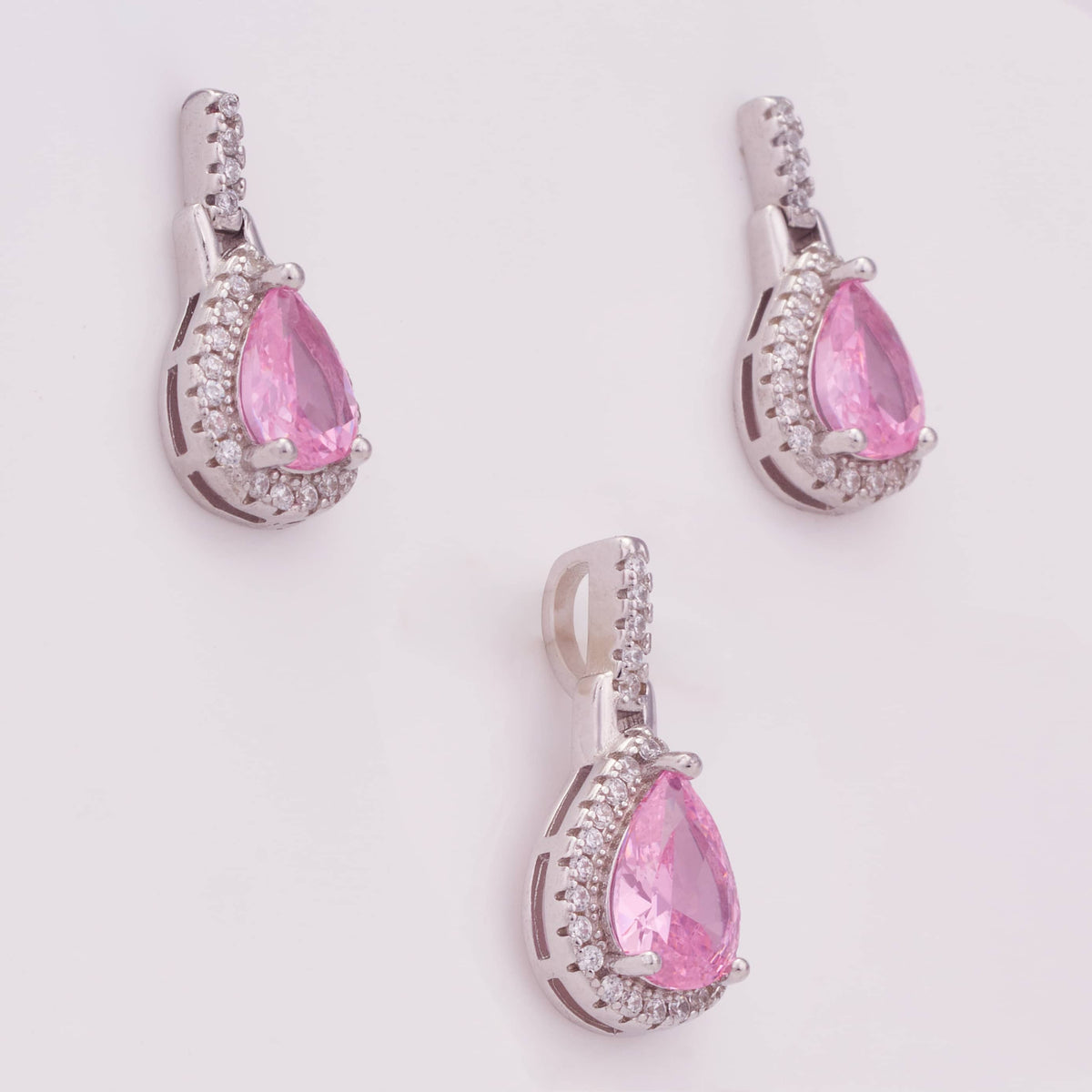 Pink Pear Drop Silver Pendant Set for Women