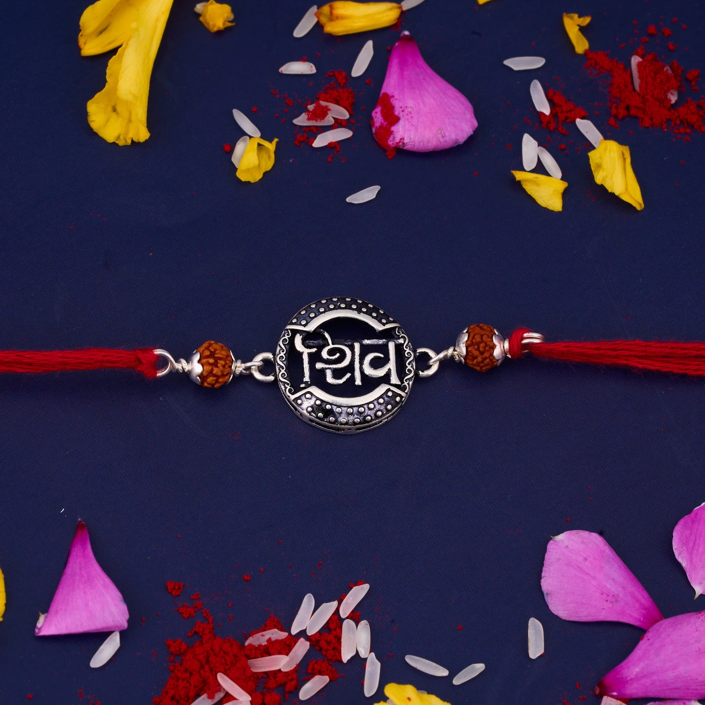 Silver Shiv Round Rakhi with Rudraksh