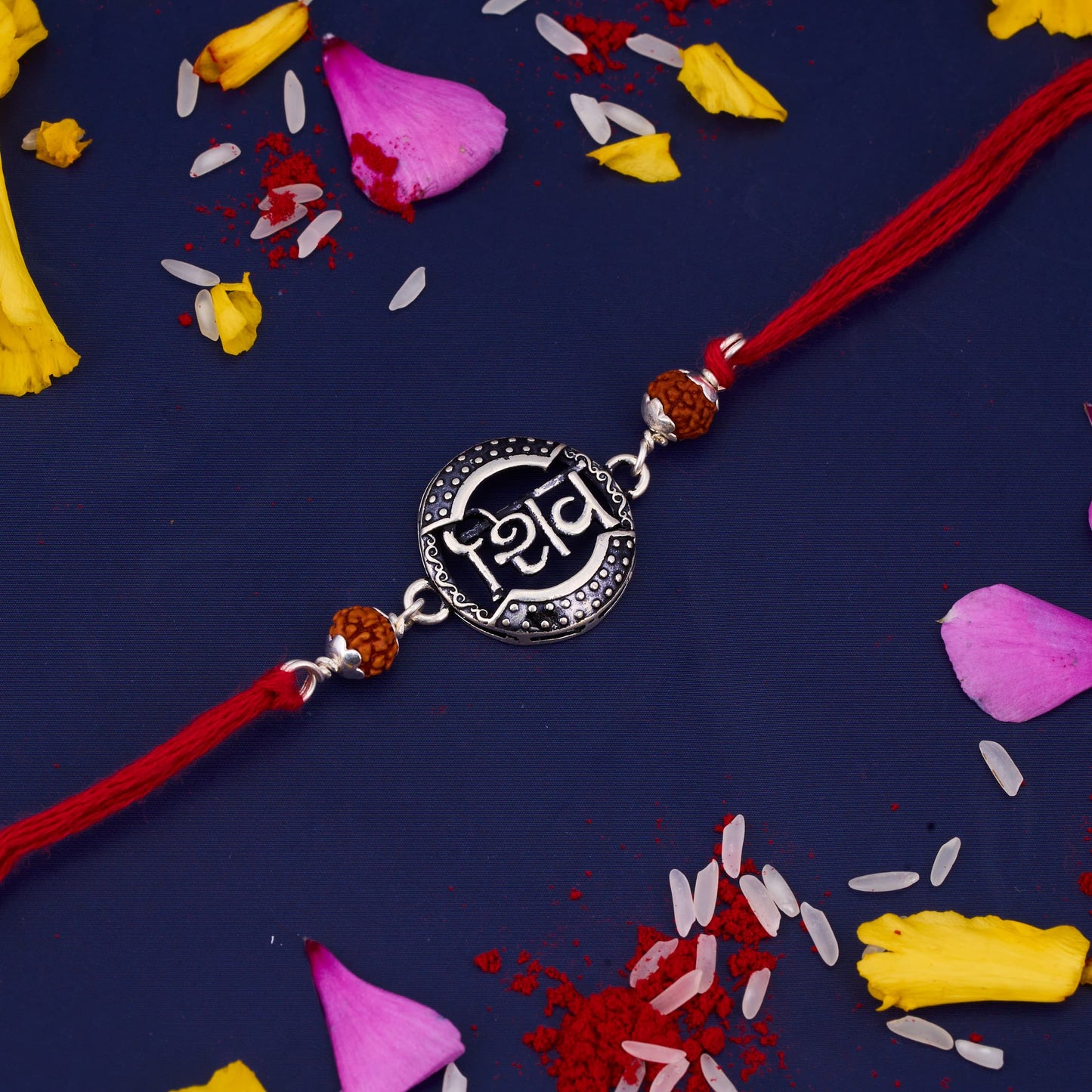 Silver Shiv Round Rakhi with Rudraksh