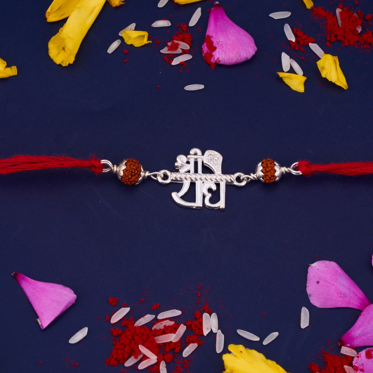 Silver Radhe Diamond Rakhi with Rudraksh