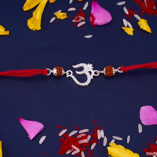 Silver Om Diamond Rakhi with Rudraksh
