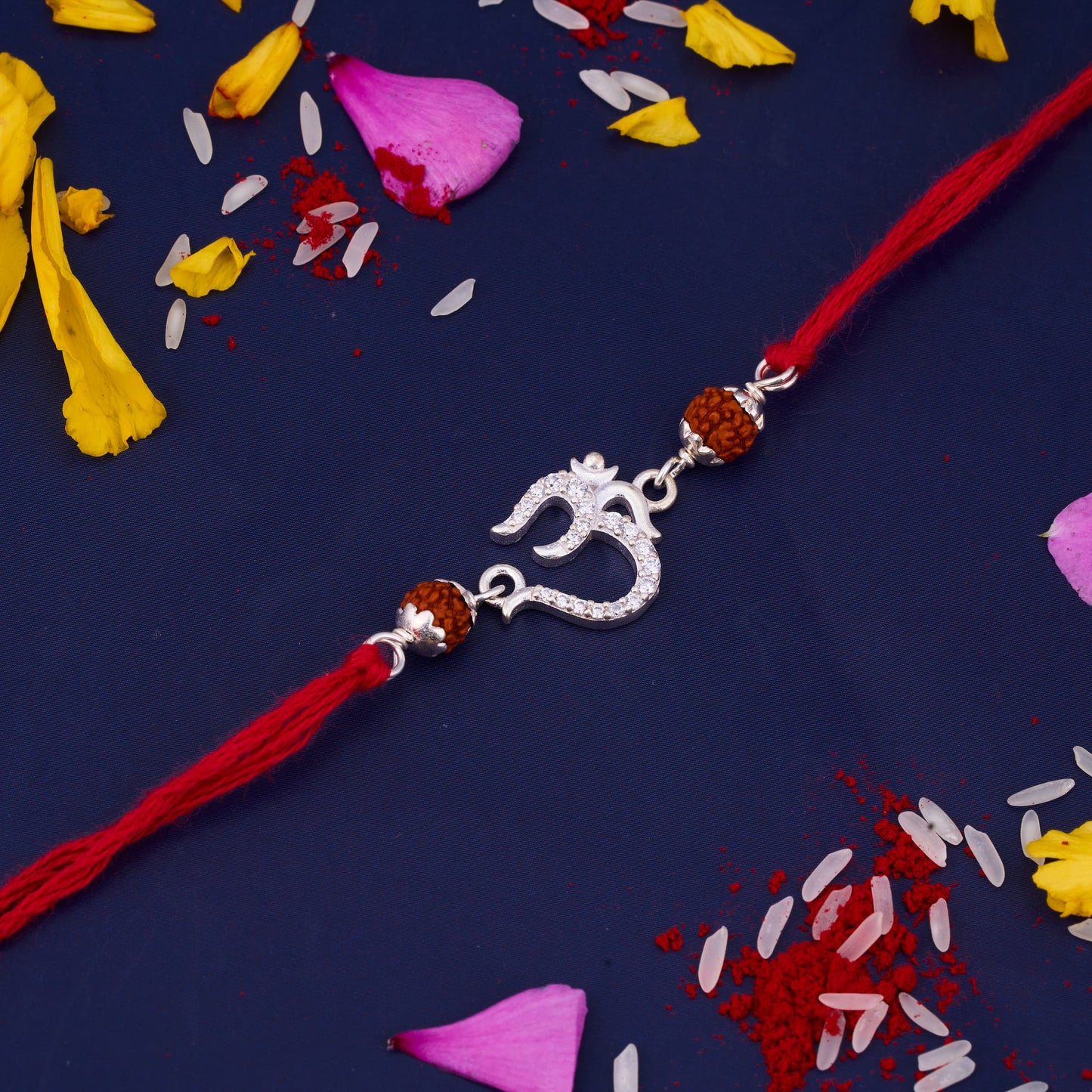 Silver Om Diamond Rakhi with Rudraksh