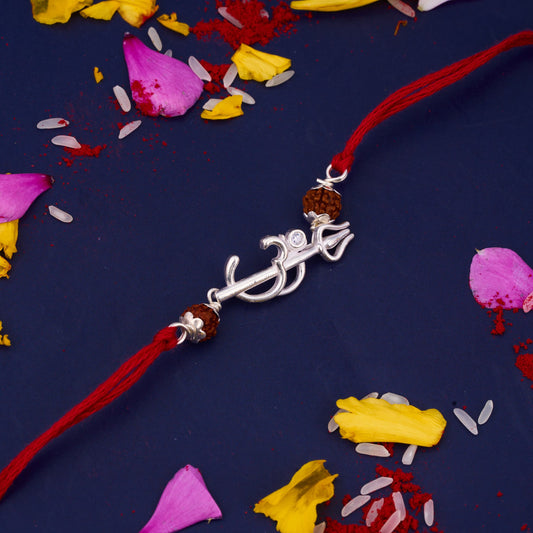 Silver Om Trishul Single Diamond Rakhi with Two Rudraksh