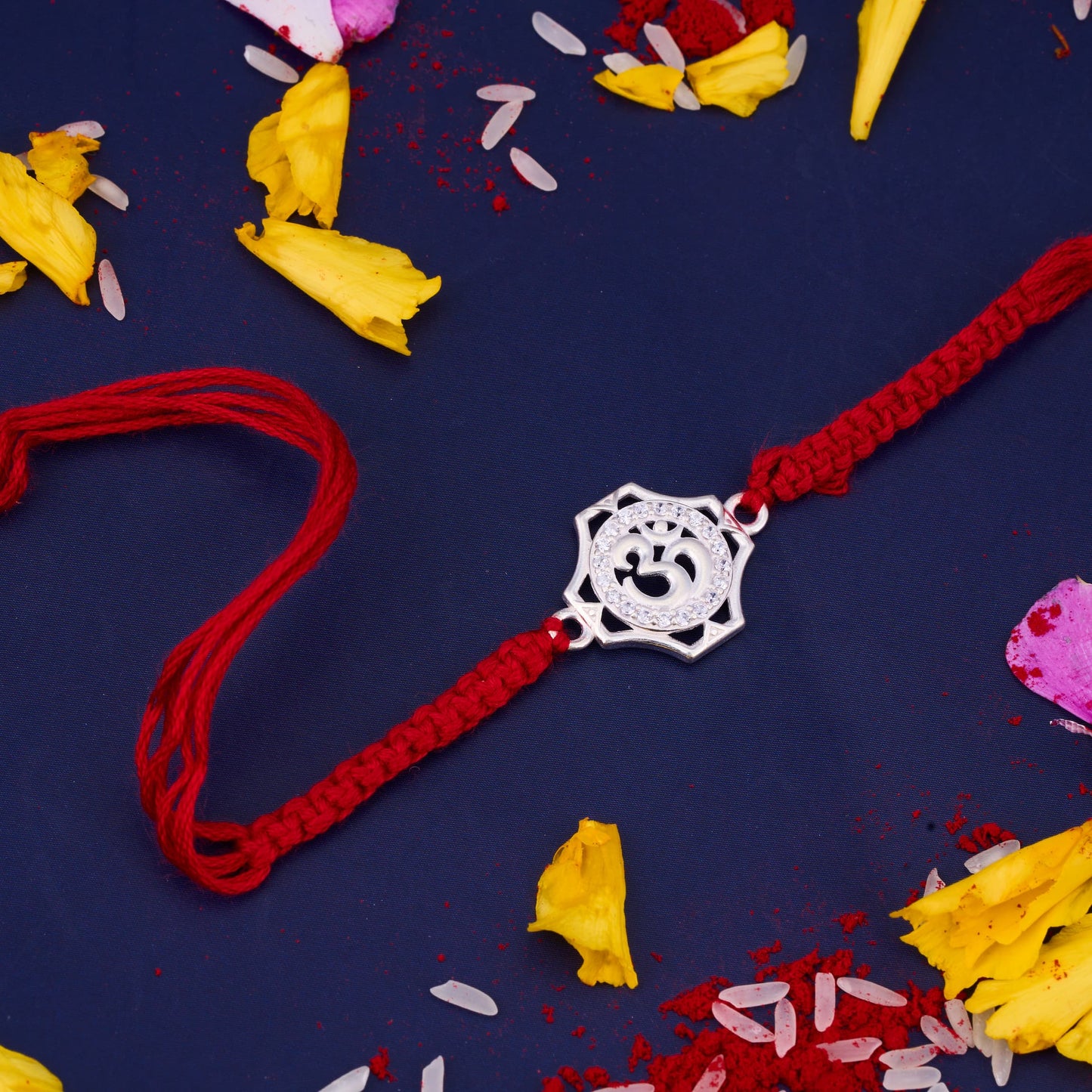 Silver Om Diamond Rakhi with Round Design