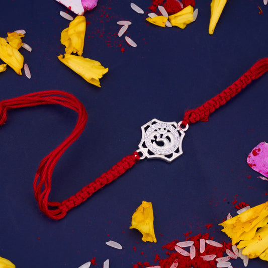 Silver Om Diamond Rakhi with Round Design
