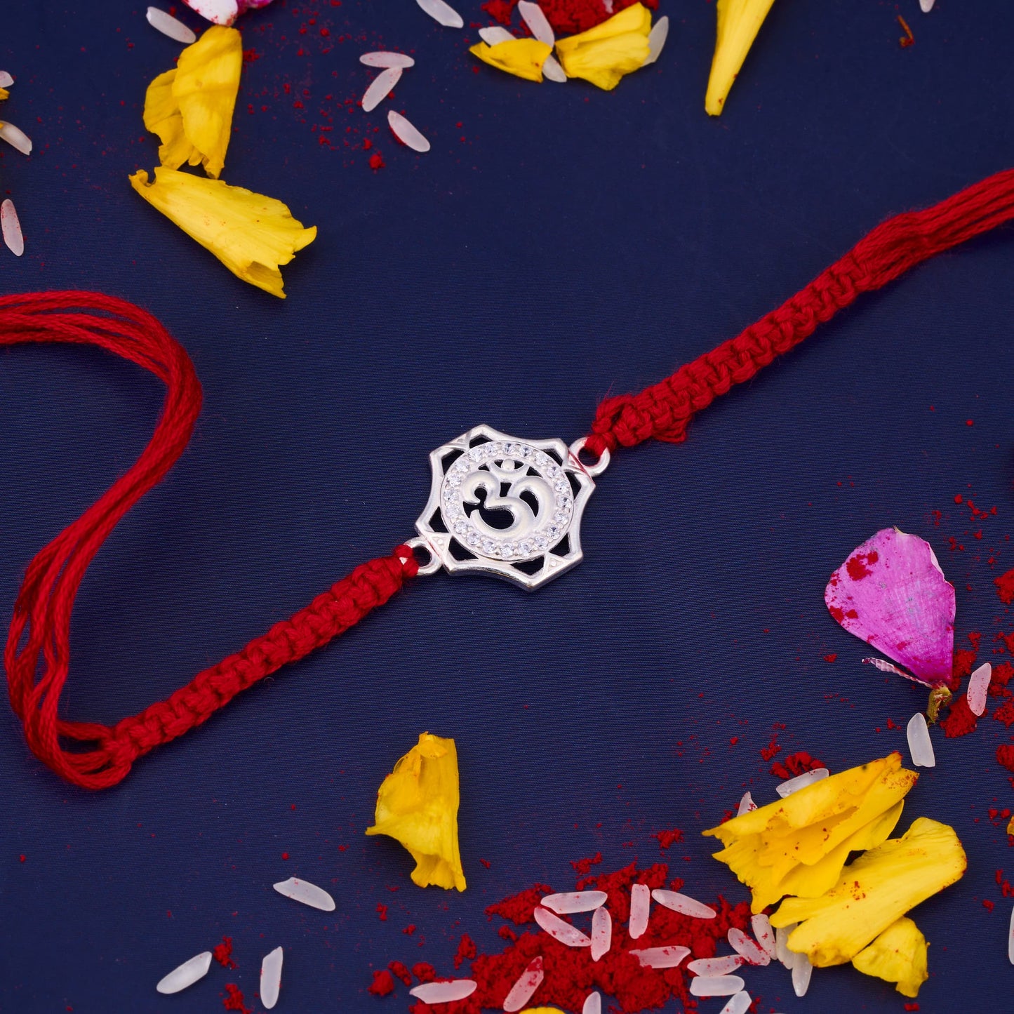 Silver Om Diamond Rakhi with Round Design