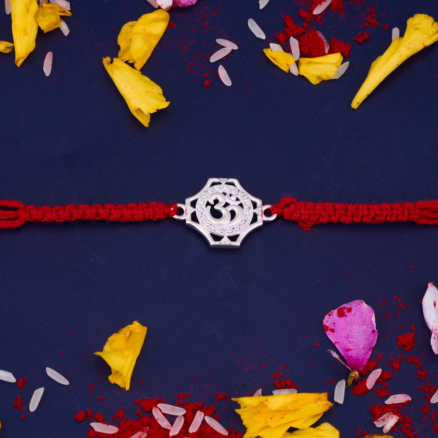 Silver Om Diamond Rakhi with Round Design