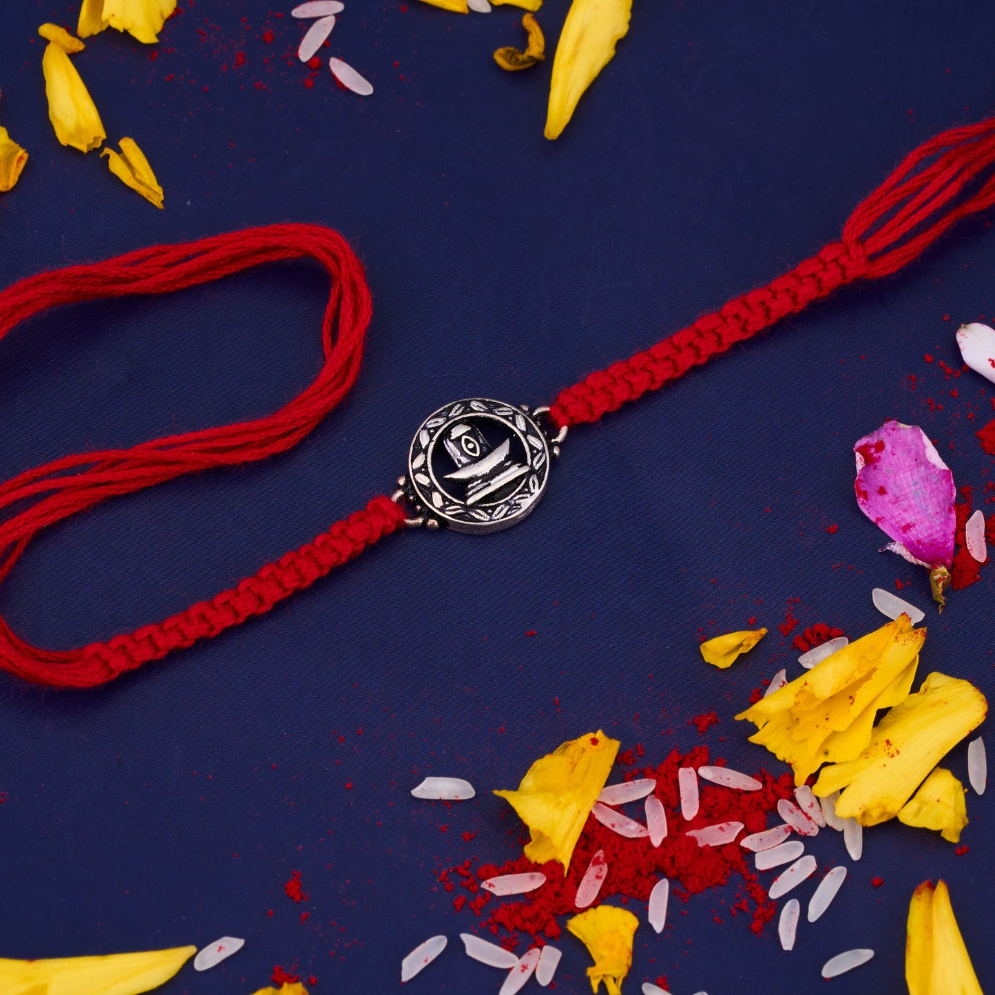 Silver Shivling Mahadev Round Oxidised Rakhi