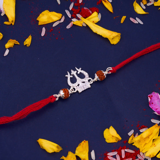 Silver Trishul Mahadev Diamond Rakhi with two Rudraksh Beads