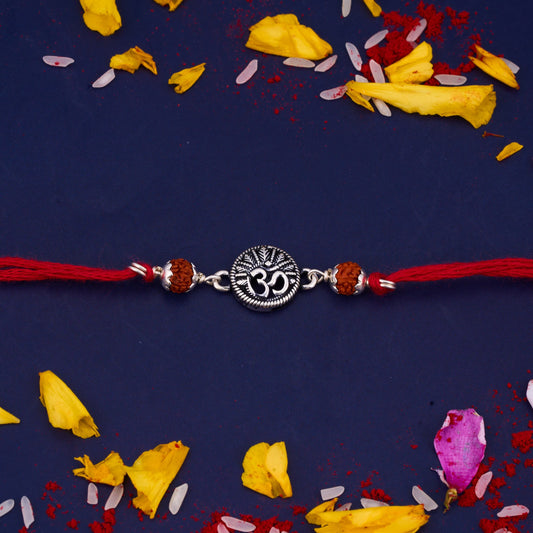 Silver Om Round Oxidised Rakhi with Two Rudraksh