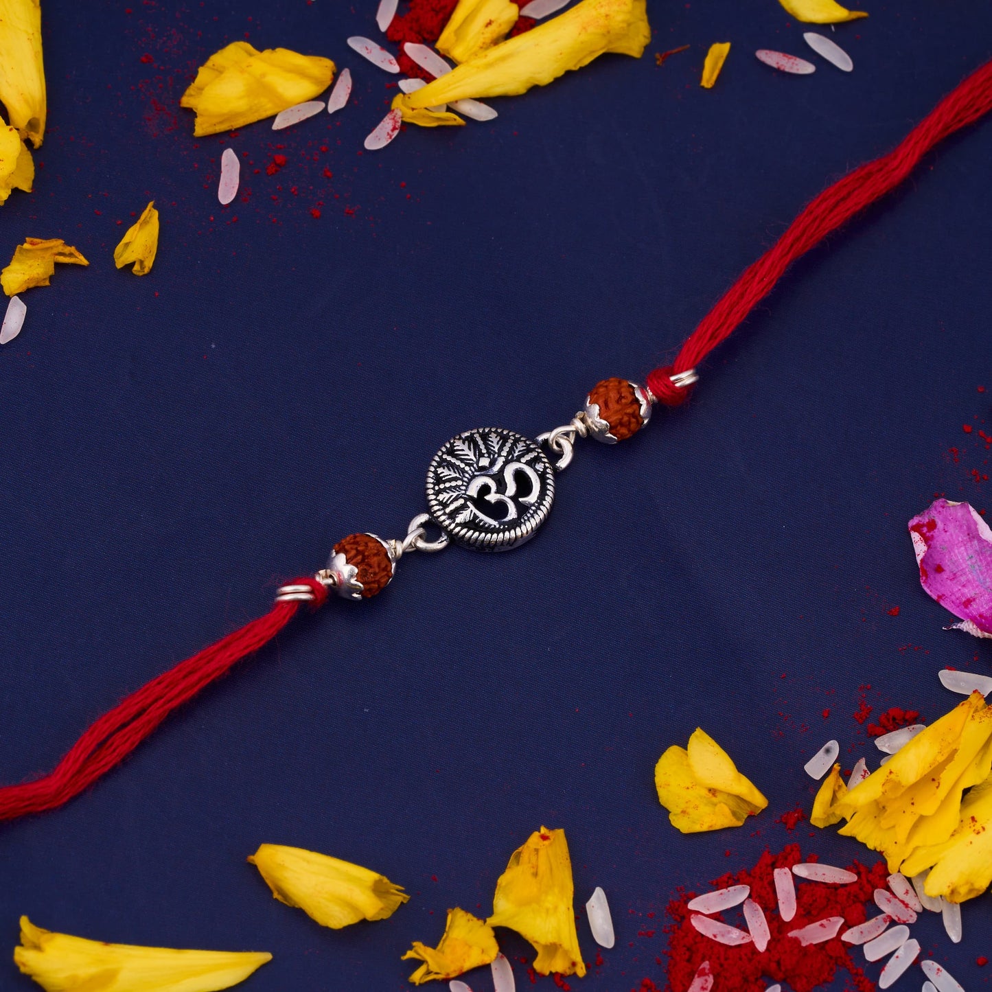 Silver Om Round Oxidised Rakhi with Two Rudraksh