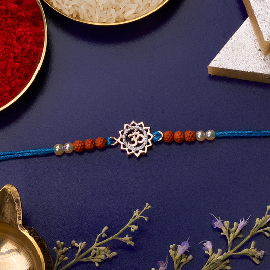 925 Silver Om Rose gold Diamond Rakhi with Rudraksh